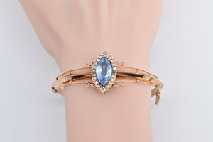 14K Victorian Blue Topaz Seed Pearl Bangle Bracelet 7" Rose Gold