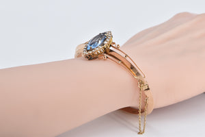 14K Victorian Blue Topaz Seed Pearl Bangle Bracelet 7" Rose Gold