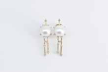 Load image into Gallery viewer, 14K Pearl Diamond Halo Drop Bar Statement Earrings Yellow Gold