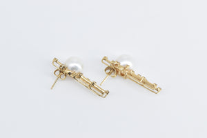 14K Pearl Diamond Halo Drop Bar Statement Earrings Yellow Gold