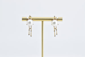 14K Pearl Diamond Halo Drop Bar Statement Earrings Yellow Gold