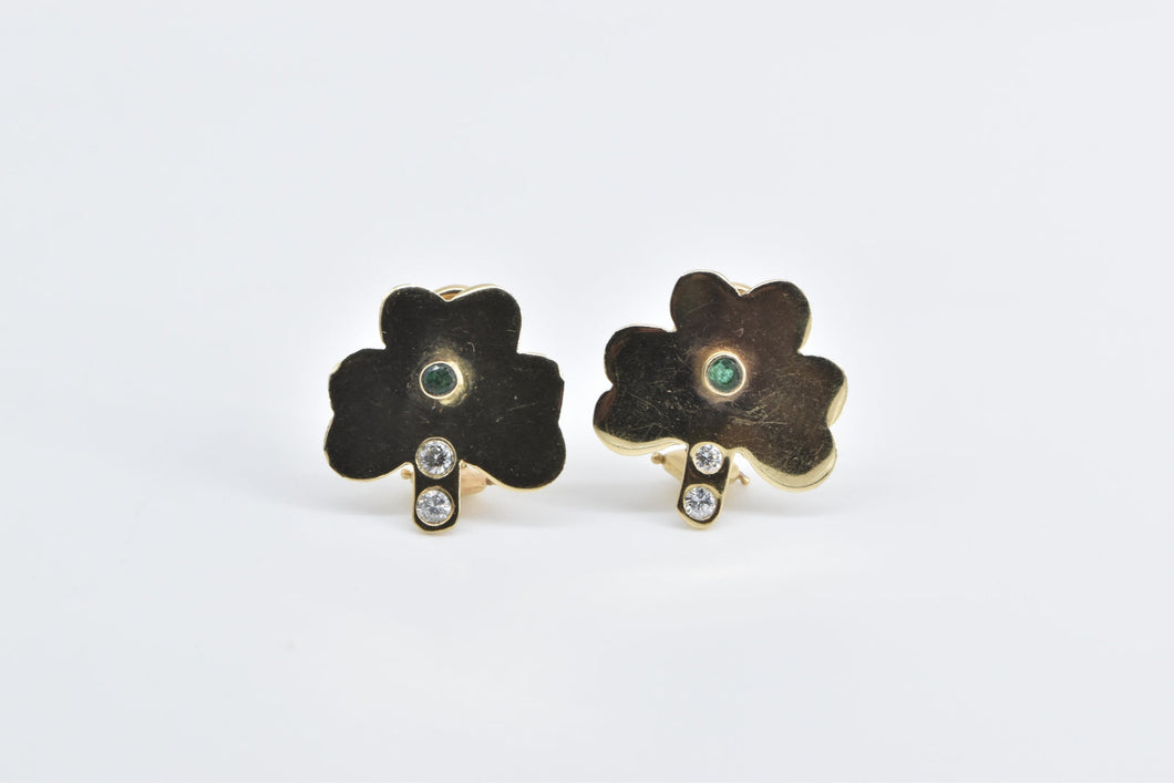 14K Emerald Clover Diamond Shamrock French Clip Earrings Yellow Gold