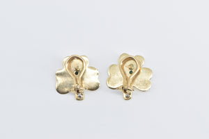 14K Emerald Clover Diamond Shamrock French Clip Earrings Yellow Gold