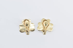 14K Emerald Clover Diamond Shamrock French Clip Earrings Yellow Gold