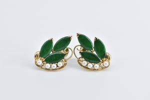 14K Marquise Nephrite Cultured Pearl Screw Back Earrings Yellow Gold