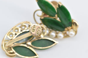 14K Marquise Nephrite Cultured Pearl Screw Back Earrings Yellow Gold