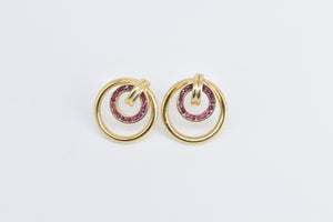 14K Round Ruby Vintage Layered Circle Statement Earrings Yellow Gold