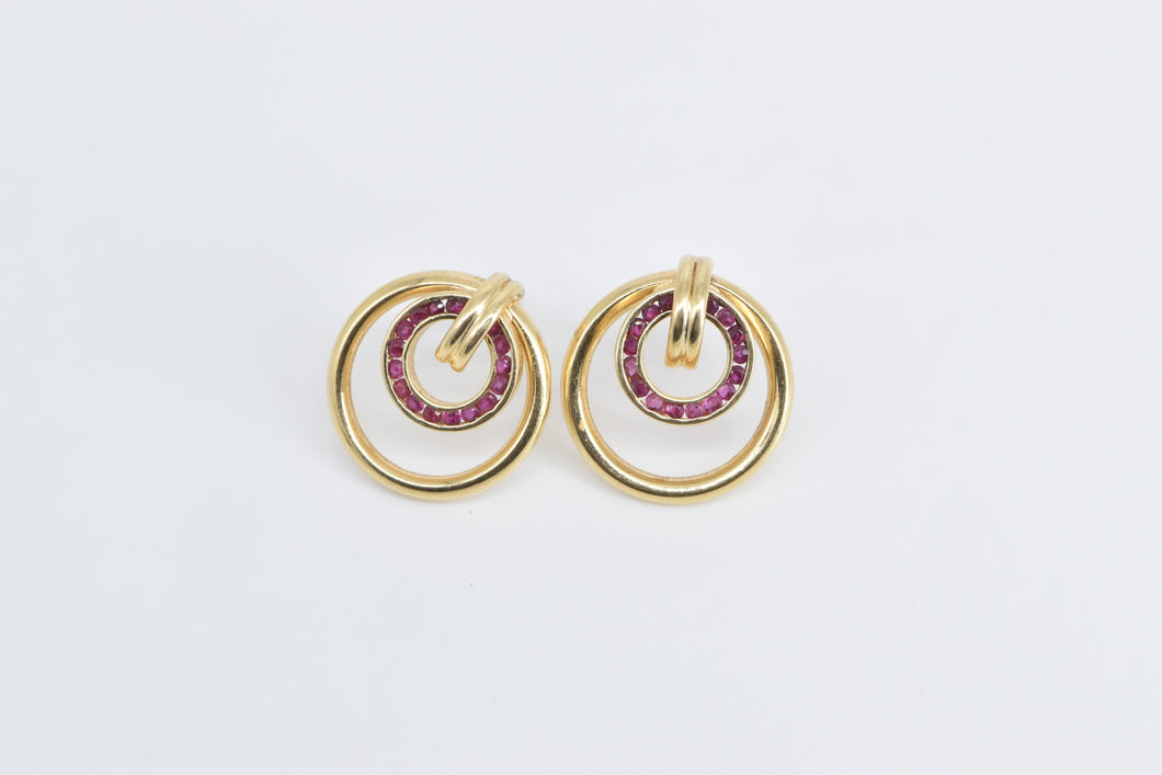 14K Round Ruby Vintage Layered Circle Statement Earrings Yellow Gold