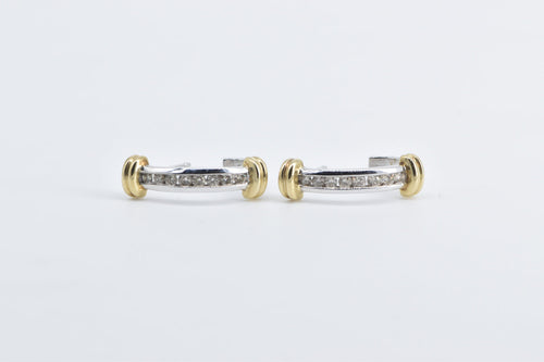 10K Diamond Two Tone Vintage Striped Semi Hoop Earrings White Gold
