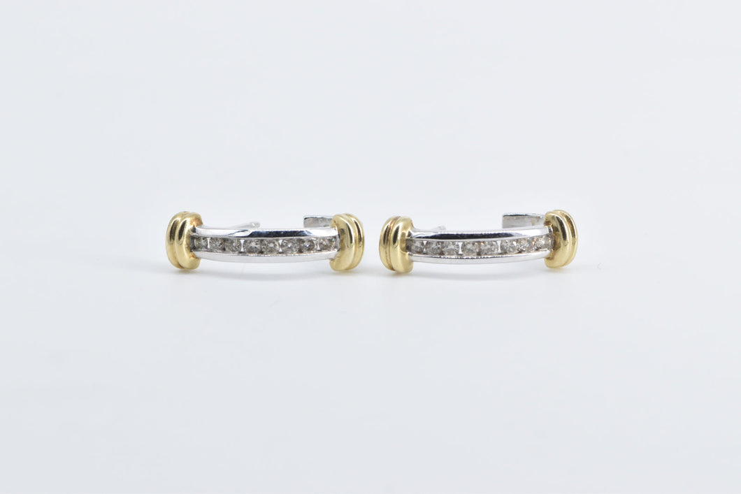 10K Diamond Two Tone Vintage Striped Semi Hoop Earrings White Gold
