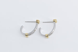 10K Diamond Two Tone Vintage Striped Semi Hoop Earrings White Gold