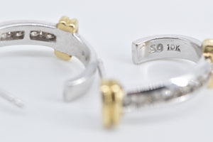 10K Diamond Two Tone Vintage Striped Semi Hoop Earrings White Gold