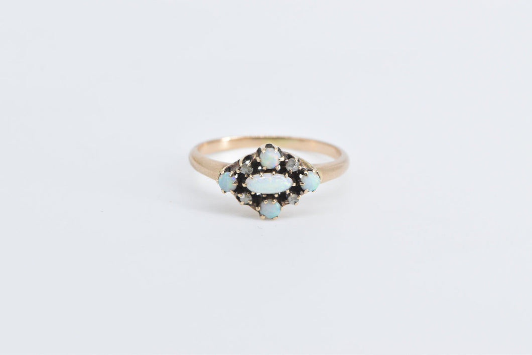 10K Victorian Opal Diamond Ornate Statement Ring Yellow Gold