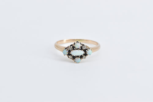 10K Victorian Opal Diamond Ornate Statement Ring Yellow Gold