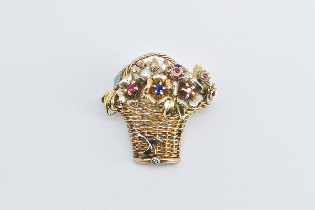 18K Vintage Diamond Gemstone Flower Basket Bouquet Pin/Brooch Yellow Gold