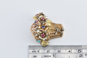 18K Vintage Diamond Gemstone Flower Basket Bouquet Pin/Brooch Yellow Gold