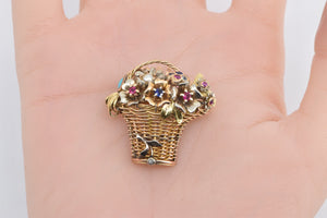 18K Vintage Diamond Gemstone Flower Basket Bouquet Pin/Brooch Yellow Gold