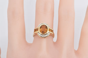 14K Oval Citrine Diamond Halo Statement Ring Yellow Gold