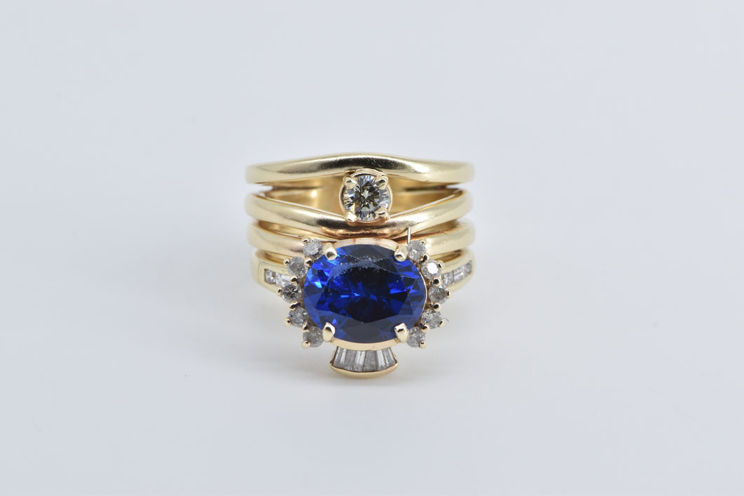 14K Oval Sim. Sapphire 0.85 Ctw Diamond Layered Ring Yellow Gold