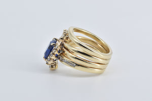 14K Oval Sim. Sapphire 0.85 Ctw Diamond Layered Ring Yellow Gold