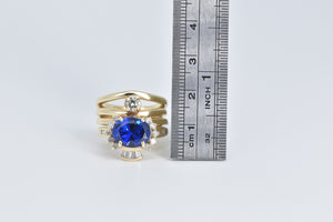 14K Oval Sim. Sapphire 0.85 Ctw Diamond Layered Ring Yellow Gold