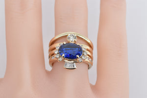 14K Oval Sim. Sapphire 0.85 Ctw Diamond Layered Ring Yellow Gold