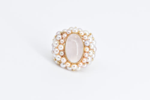 14K Oval Rose Quartz Pearl Encrusted Statement Ring Yellow Gold