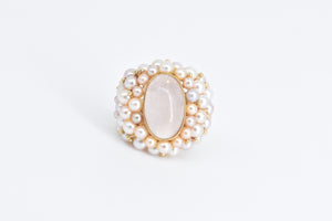 14K Oval Rose Quartz Pearl Encrusted Statement Ring Yellow Gold