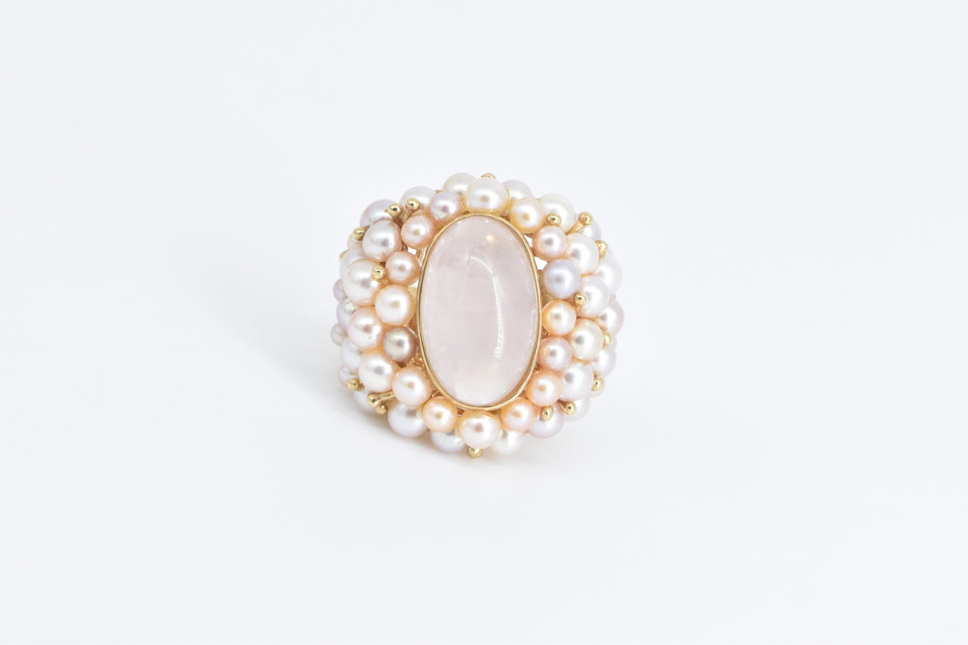 14K Oval Rose Quartz Pearl Encrusted Statement Ring Yellow Gold