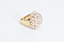 Load image into Gallery viewer, 14K Oval Rose Quartz Pearl Encrusted Statement Ring Yellow Gold