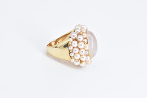 14K Oval Rose Quartz Pearl Encrusted Statement Ring Yellow Gold