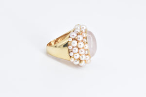 14K Oval Rose Quartz Pearl Encrusted Statement Ring Yellow Gold