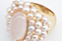 Load image into Gallery viewer, 14K Oval Rose Quartz Pearl Encrusted Statement Ring Yellow Gold