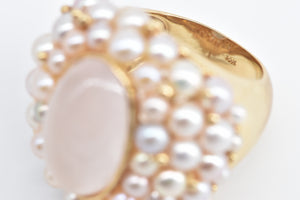 14K Oval Rose Quartz Pearl Encrusted Statement Ring Yellow Gold