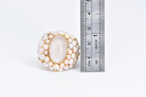 14K Oval Rose Quartz Pearl Encrusted Statement Ring Yellow Gold