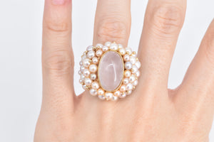 14K Oval Rose Quartz Pearl Encrusted Statement Ring Yellow Gold