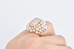 14K Oval Rose Quartz Pearl Encrusted Statement Ring Yellow Gold