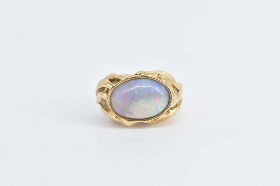 18K Natural Opal Vintage Leaf Palm Design Ring Yellow Gold