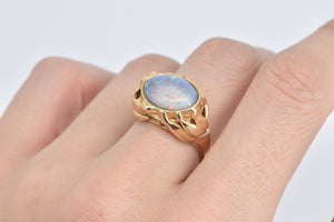 18K Natural Opal Vintage Leaf Palm Design Ring Yellow Gold