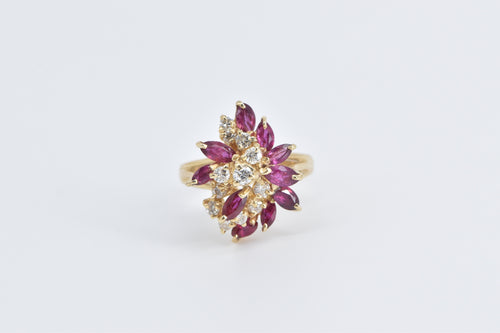 14K 1.90 Ctw Diamond Marquise Ruby Cluster Ring Yellow Gold