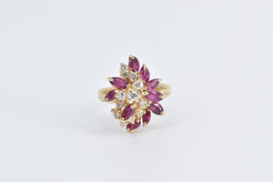 14K 1.90 Ctw Diamond Marquise Ruby Cluster Ring Yellow Gold