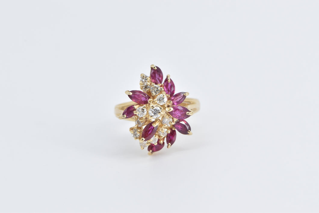 14K 1.90 Ctw Diamond Marquise Ruby Cluster Ring Yellow Gold