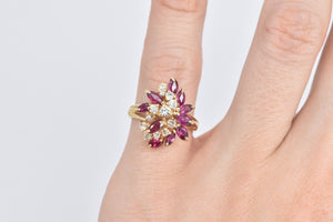 14K 1.90 Ctw Diamond Marquise Ruby Cluster Ring Yellow Gold