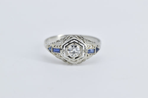 18K 1915 Art Deco Diamond Engagement Filigree Ring White Gold