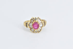 18K 1.80 Ctw Natural Ruby Baguette Diamond Halo Ring Yellow Gold