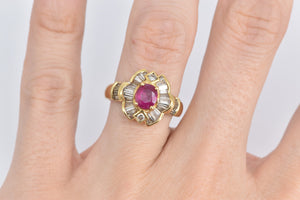 18K 1.80 Ctw Natural Ruby Baguette Diamond Halo Ring Yellow Gold