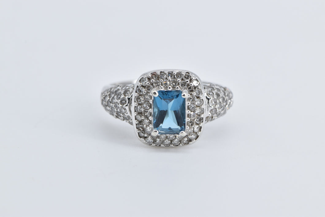 10K 1.66 Ctw Emerald Cut Blue Topaz Pave Diamond Ring White Gold