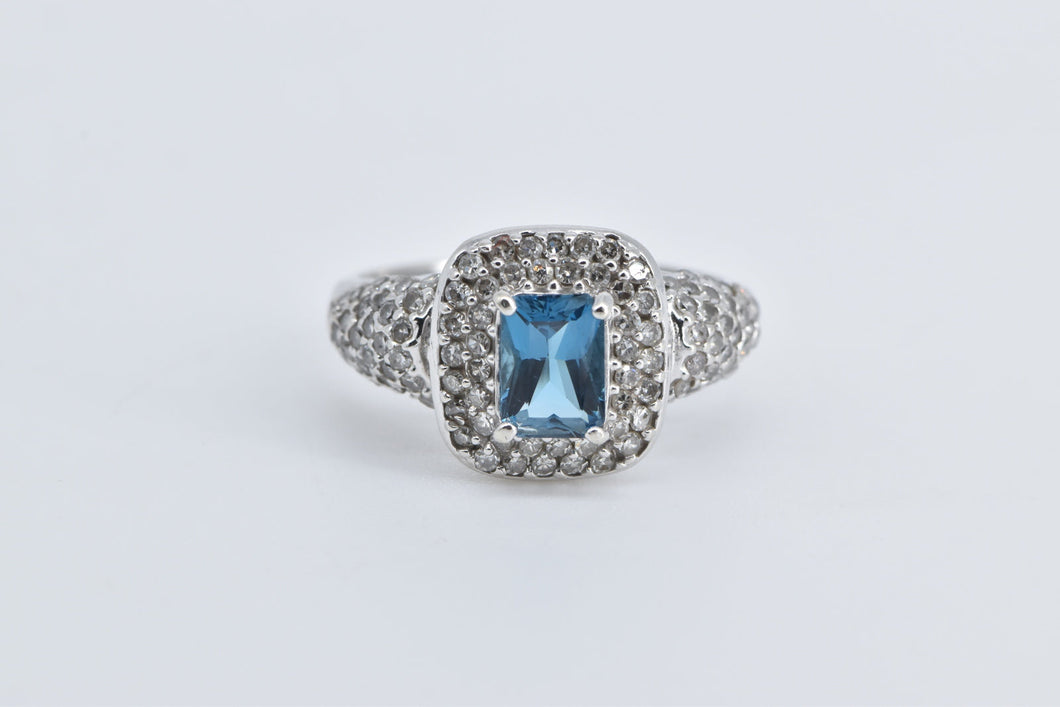 10K 1.66 Ctw Emerald Cut Blue Topaz Pave Diamond Ring White Gold