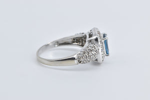 10K 1.66 Ctw Emerald Cut Blue Topaz Pave Diamond Ring White Gold