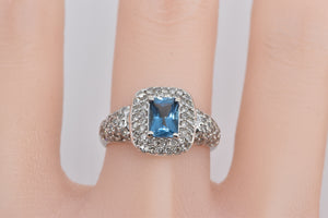 10K 1.66 Ctw Emerald Cut Blue Topaz Pave Diamond Ring White Gold